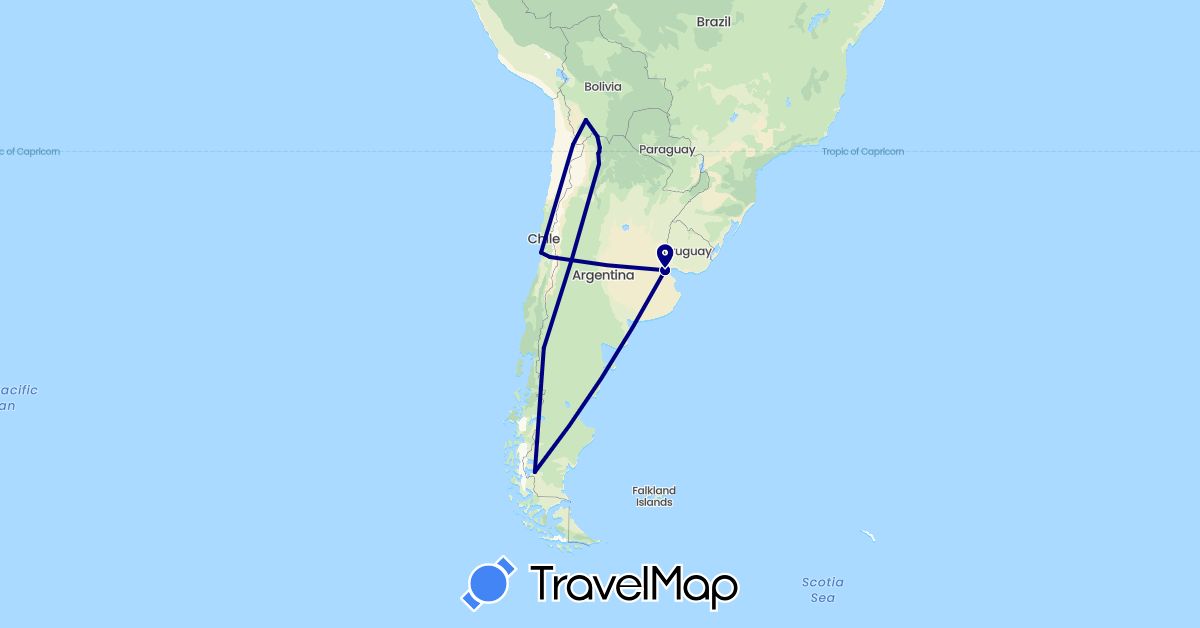 TravelMap itinerary: driving in Argentina, Bolivia, Chile (South America)
